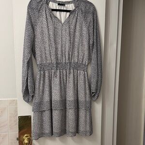 Bloomingdale’s Aqua Black and White Leopard Animal Print Chiffon ruffle dress